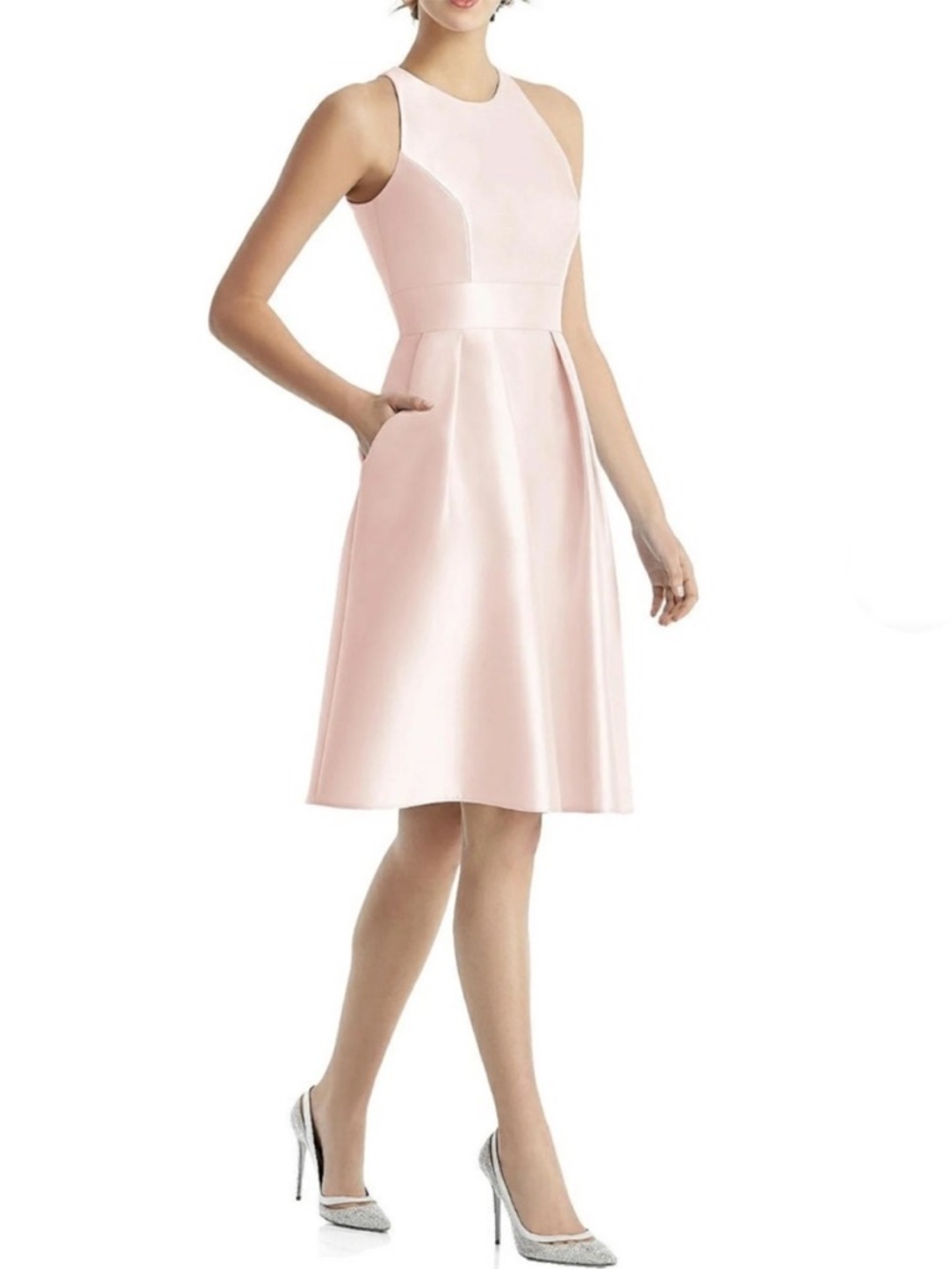 NEW ALFRED SUNG Jewel Neck Satin Twill Cocktail Dress # D769 Blush Pink Size 0